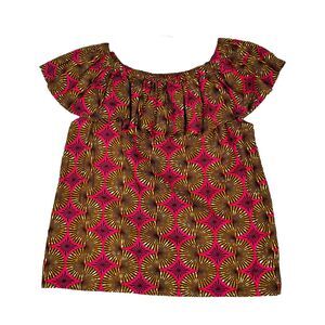 Chez Kevito Shirt‎ Womens Large Pink Yellow Off Shoulder Ruffle Bohemian Peasant